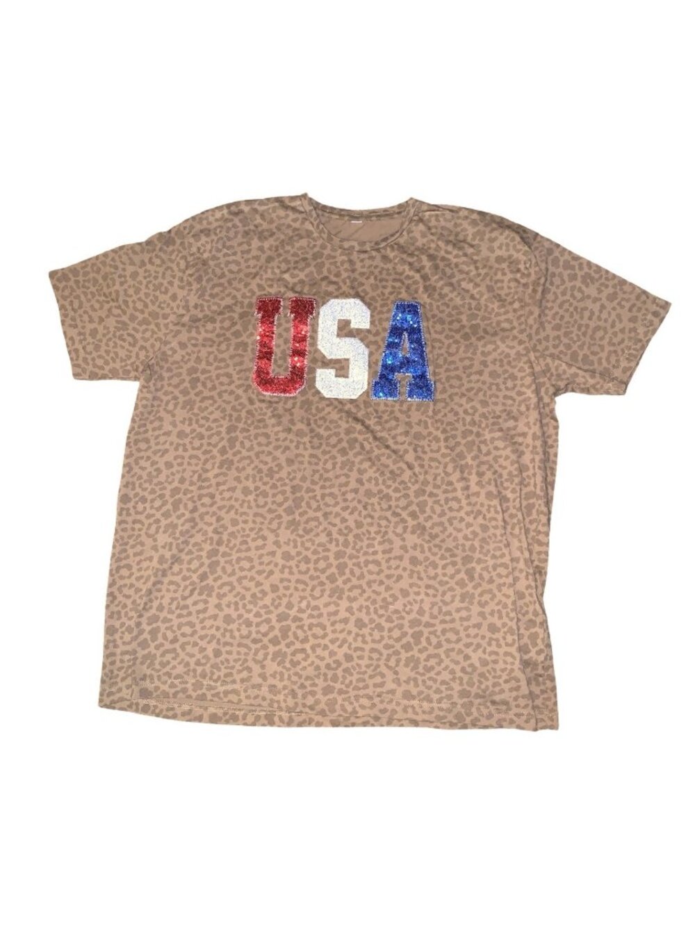 Bella Canvas USA Sequin Leopard Print Crew Neck T Shirt Women's XXL Patriotic